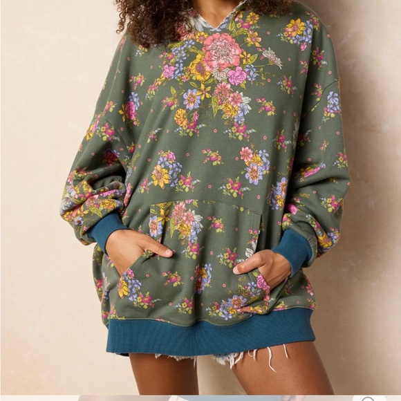 NATURAL LIFE Tops - NATURAL LIFE Olive Floral Hooded Sweatshirt with Pink & Yellow Blooms- XL oversi